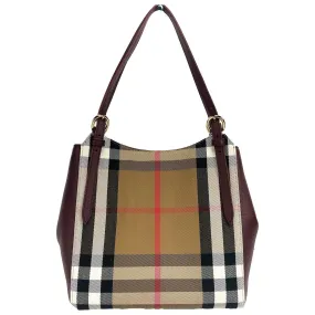 Burberry Small Canterby Mahogany Leather Check Canvas Tote Bag Purse