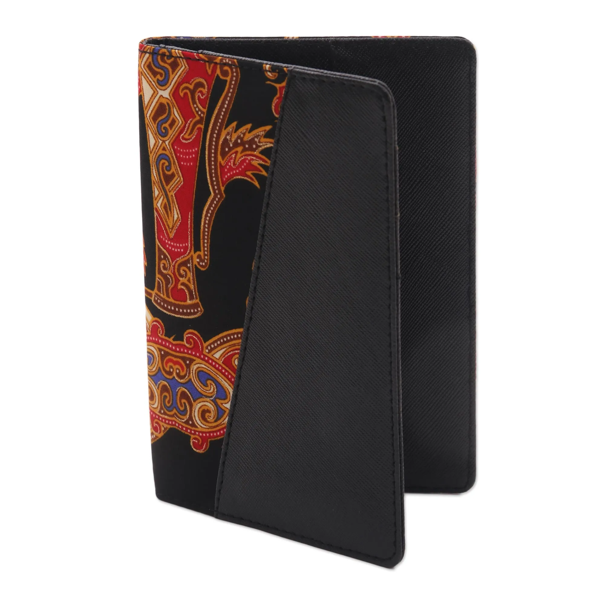 Chic Trek Black Faux Leather Passport Holder with Cotton Batik