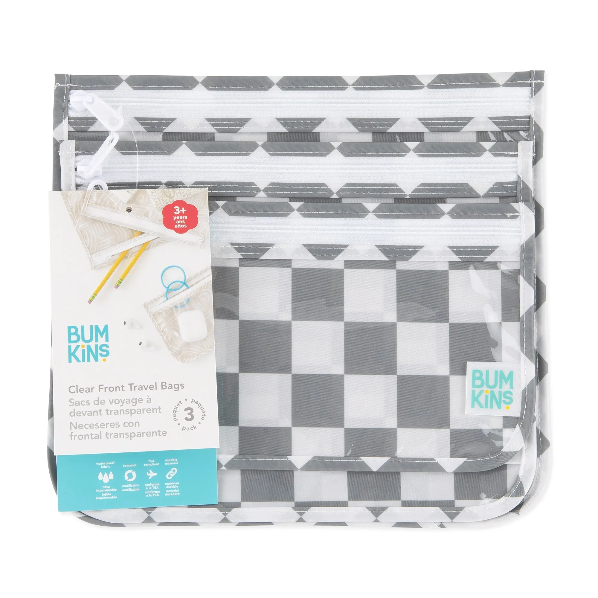 Clear Travel Bag 3 Pack: Charcoal Check