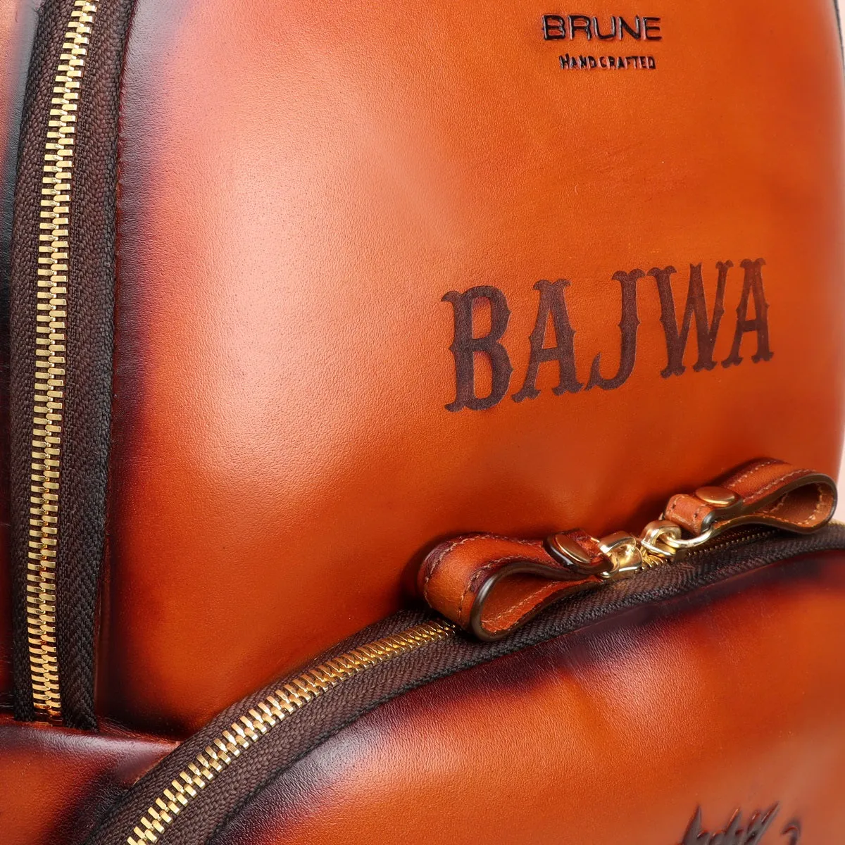 Customised Name Initials "BAJWA" & "09" Tan Leather Hand Painted Backpack  by Brune & Bareskin