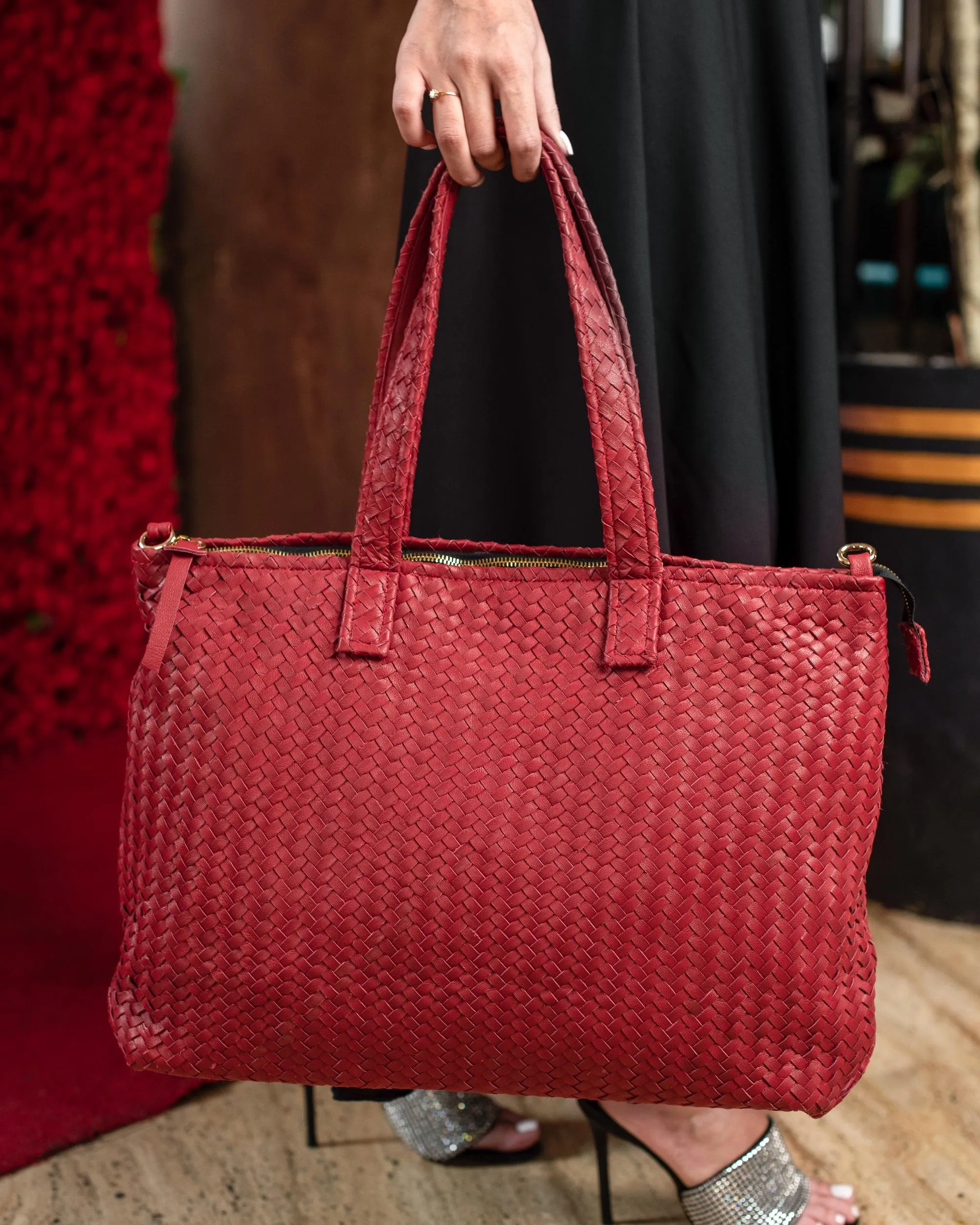 Handmade Woven Original Leather Bag With Zipper-Red