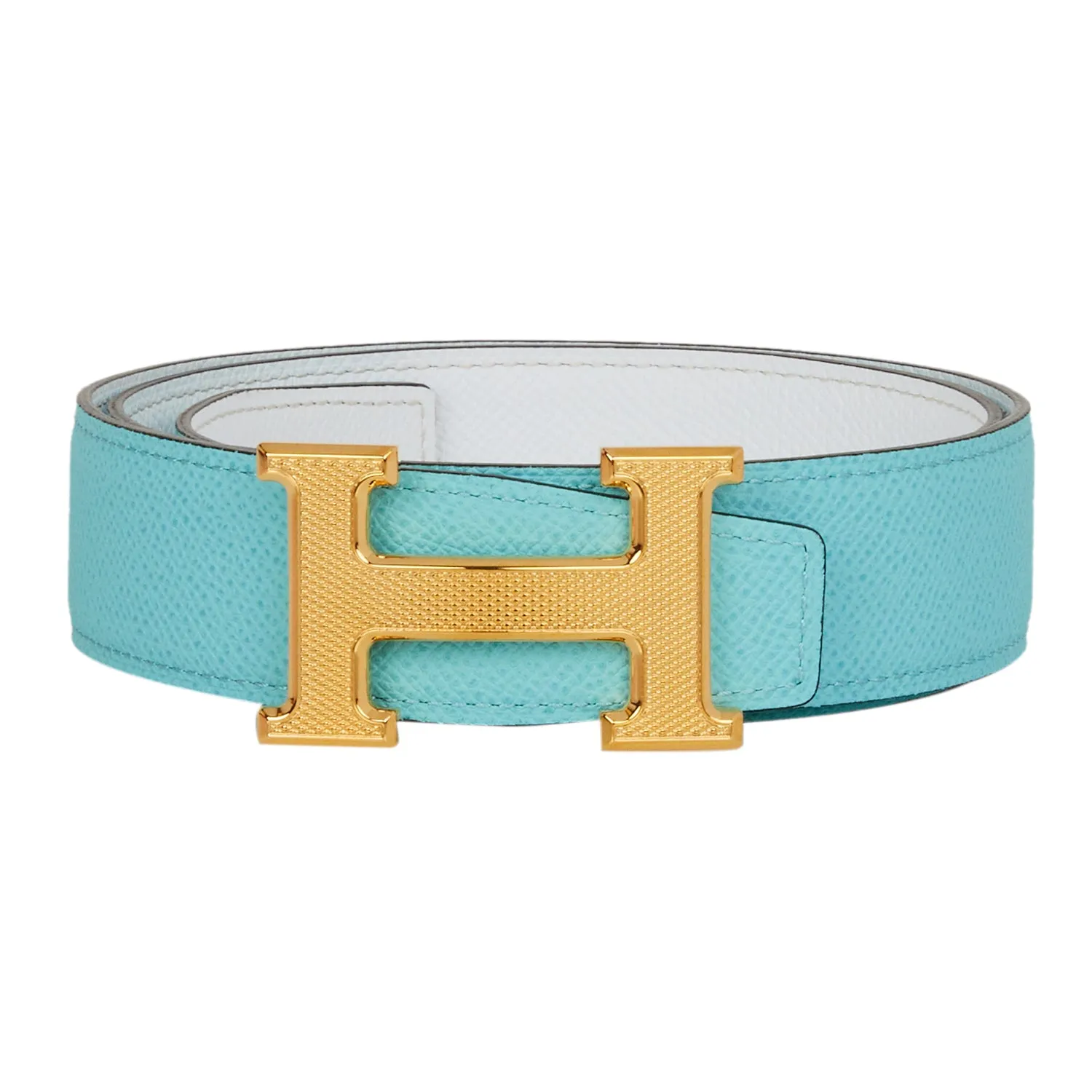 Hermes 32mm Reversible Bleu Atoll/White Constance H Belt 75cm Guilloche Gold Buckle