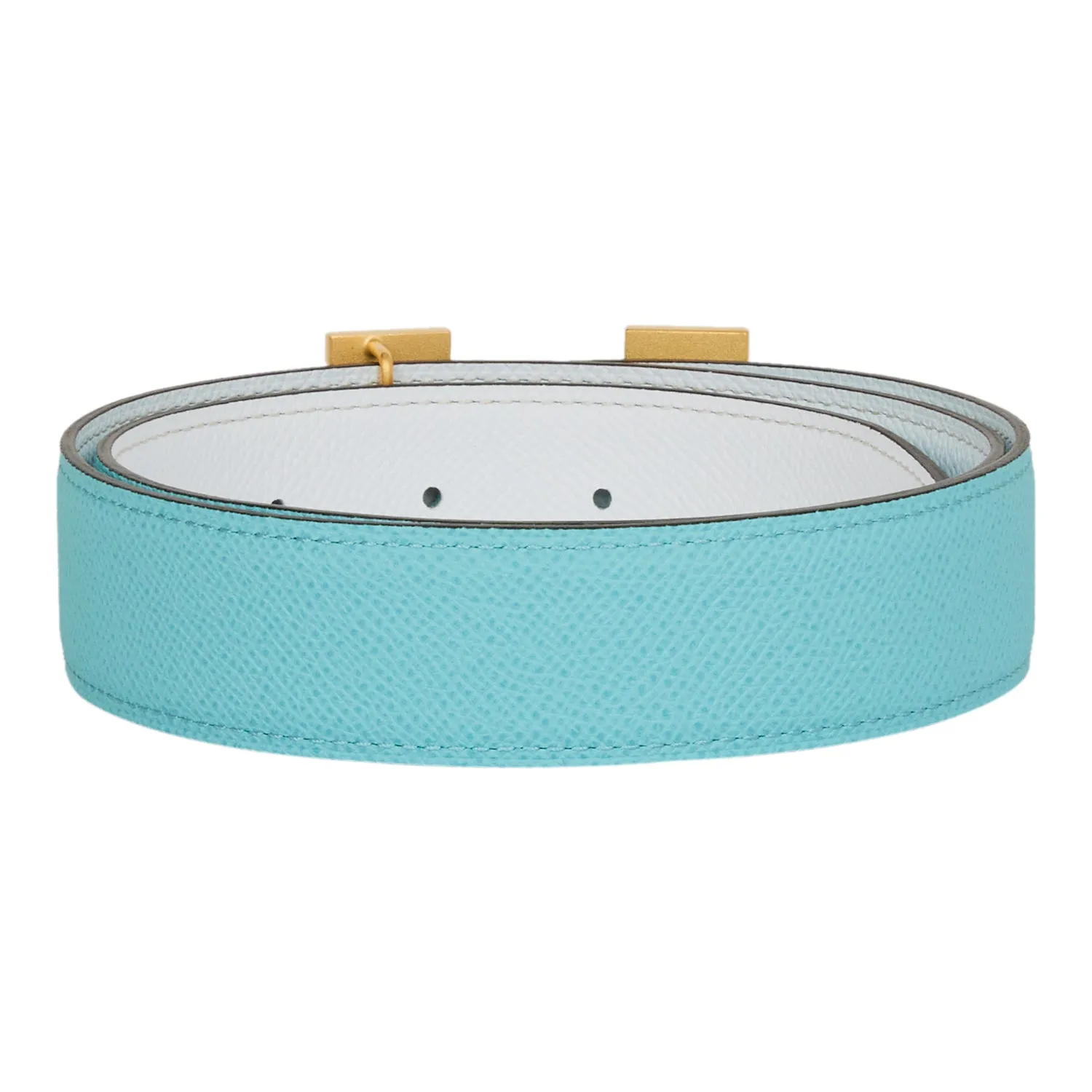 Hermes 32mm Reversible Bleu Atoll/White Constance H Belt 75cm Guilloche Gold Buckle