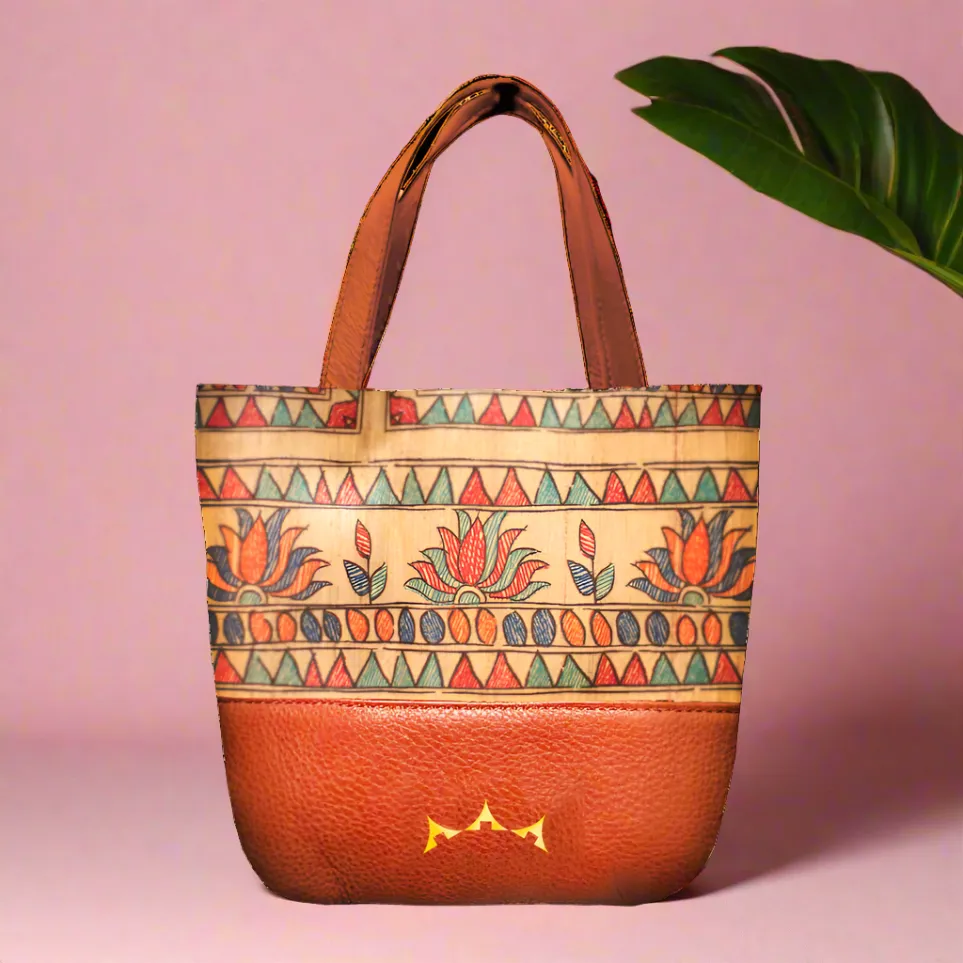 Kamal Madhubani Mini Tote with Sling - Tan Brown