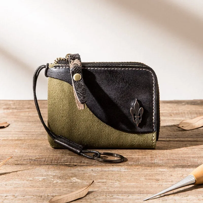 Men Color Contrast Canvas Stitching Genuine Leather Wallets Retro Zipper Small Card Case Coin Purse