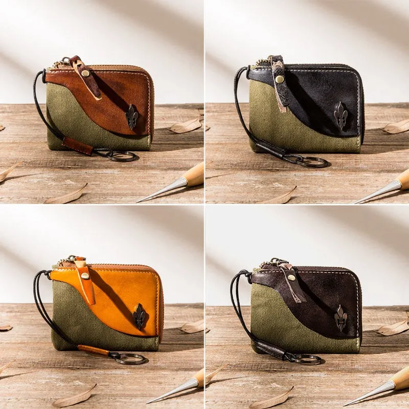 Men Color Contrast Canvas Stitching Genuine Leather Wallets Retro Zipper Small Card Case Coin Purse