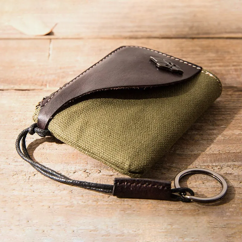 Men Color Contrast Canvas Stitching Genuine Leather Wallets Retro Zipper Small Card Case Coin Purse