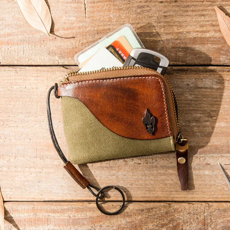 Men Color Contrast Canvas Stitching Genuine Leather Wallets Retro Zipper Small Card Case Coin Purse