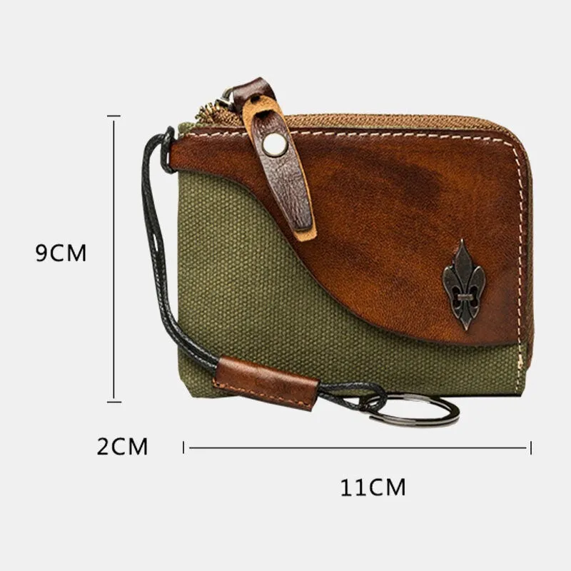 Men Color Contrast Canvas Stitching Genuine Leather Wallets Retro Zipper Small Card Case Coin Purse