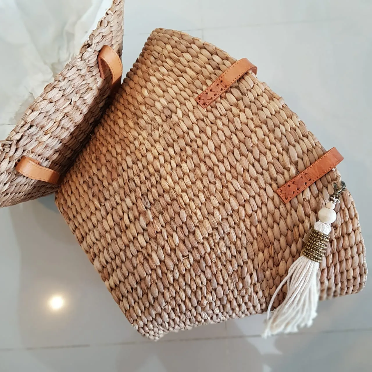 Natural Woven Banana Leaf Bag With Leather Straps