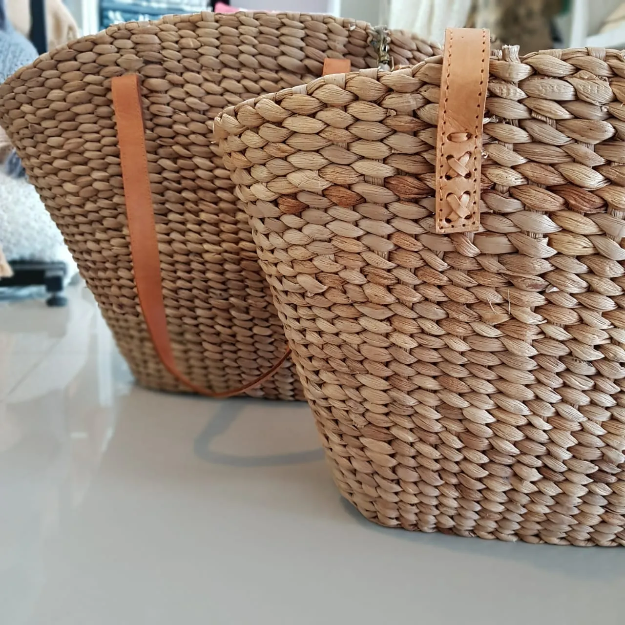 Natural Woven Banana Leaf Bag With Leather Straps