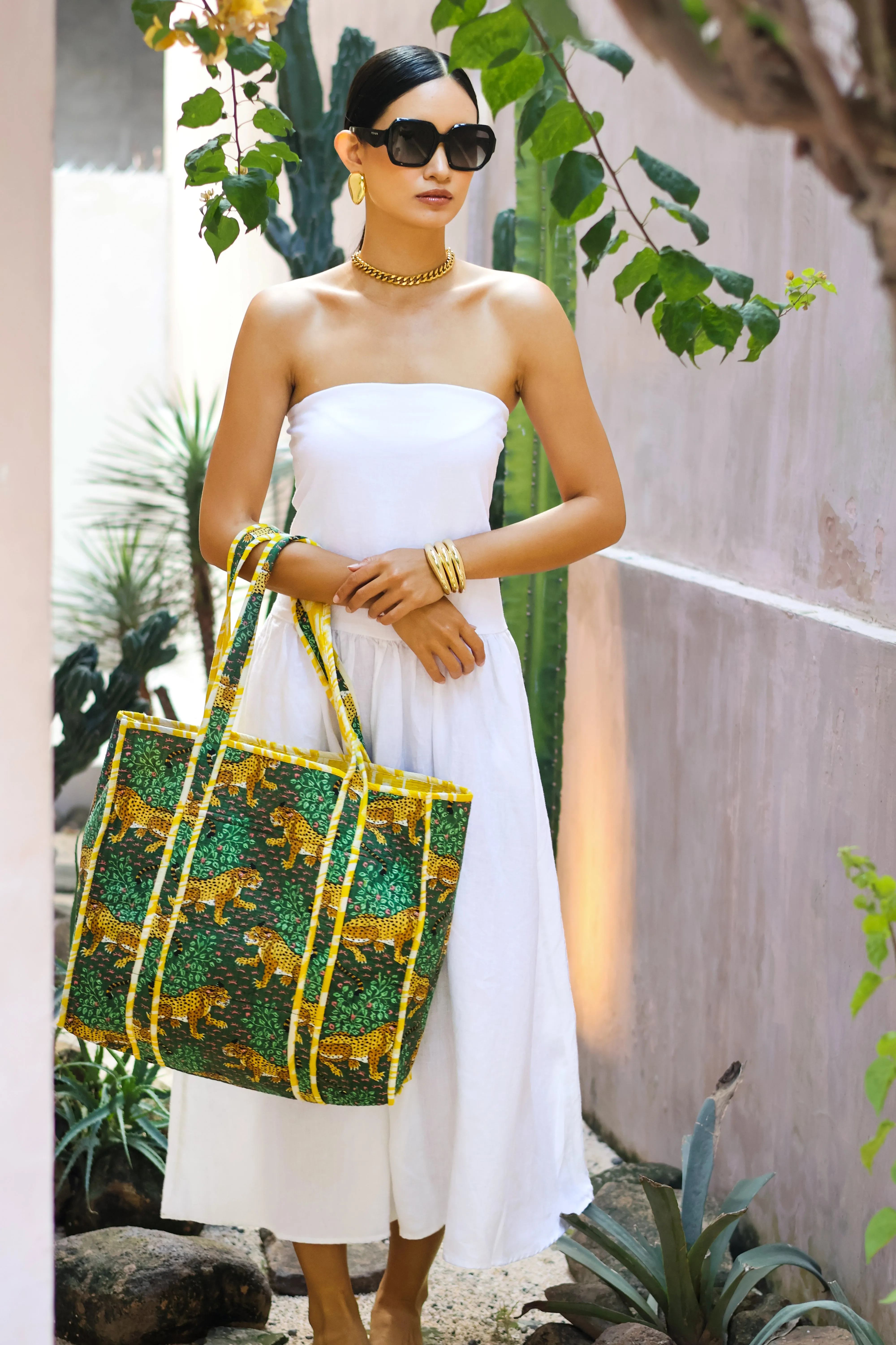 Oversized Tote Bag - Leopard Floral Green