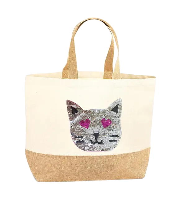 Reversible Sequin Cat XL Tote Bag