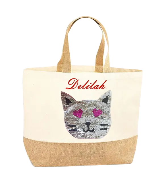 Reversible Sequin Cat XL Tote Bag