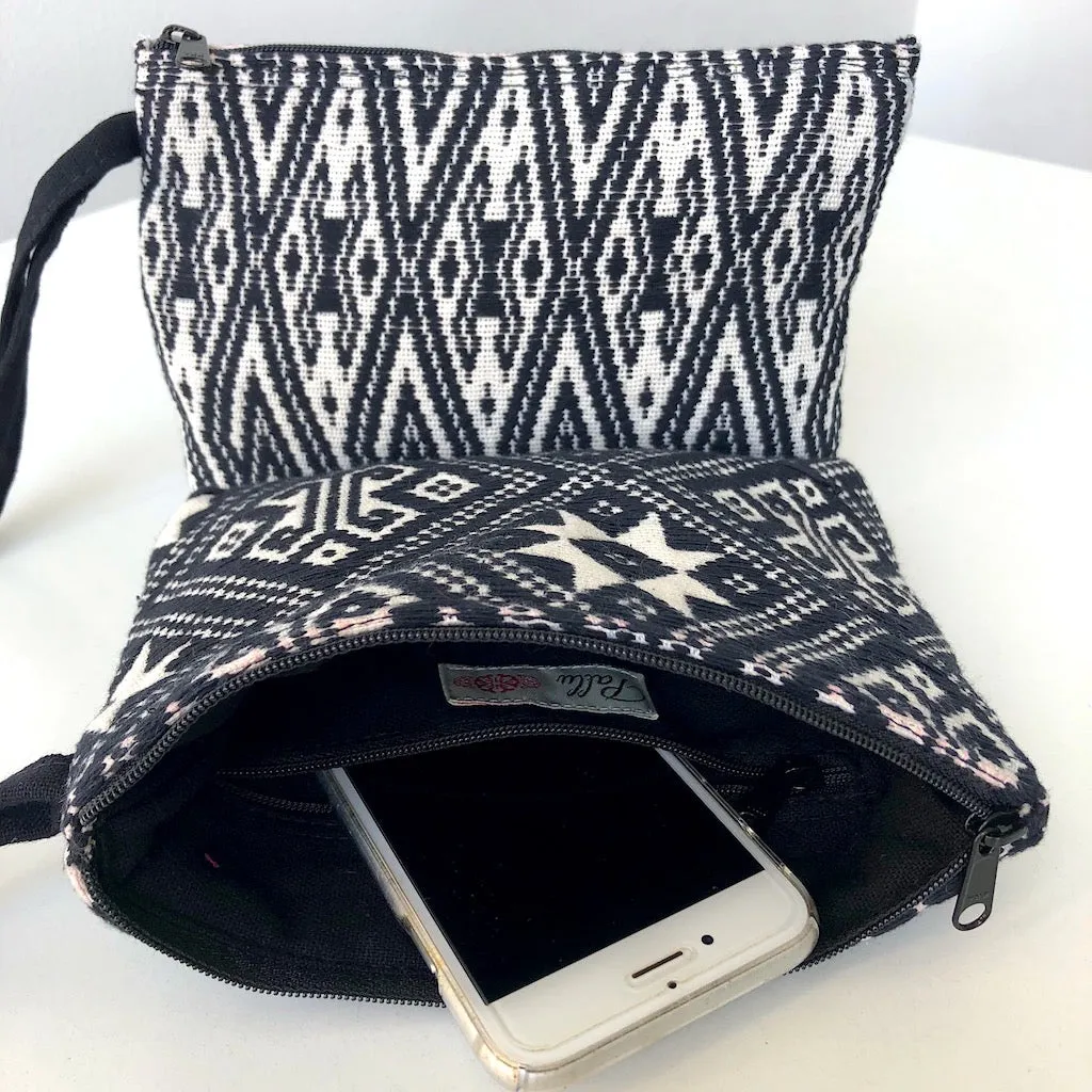 Small Hand Woven zip pouch - Black and White Star - Cotton