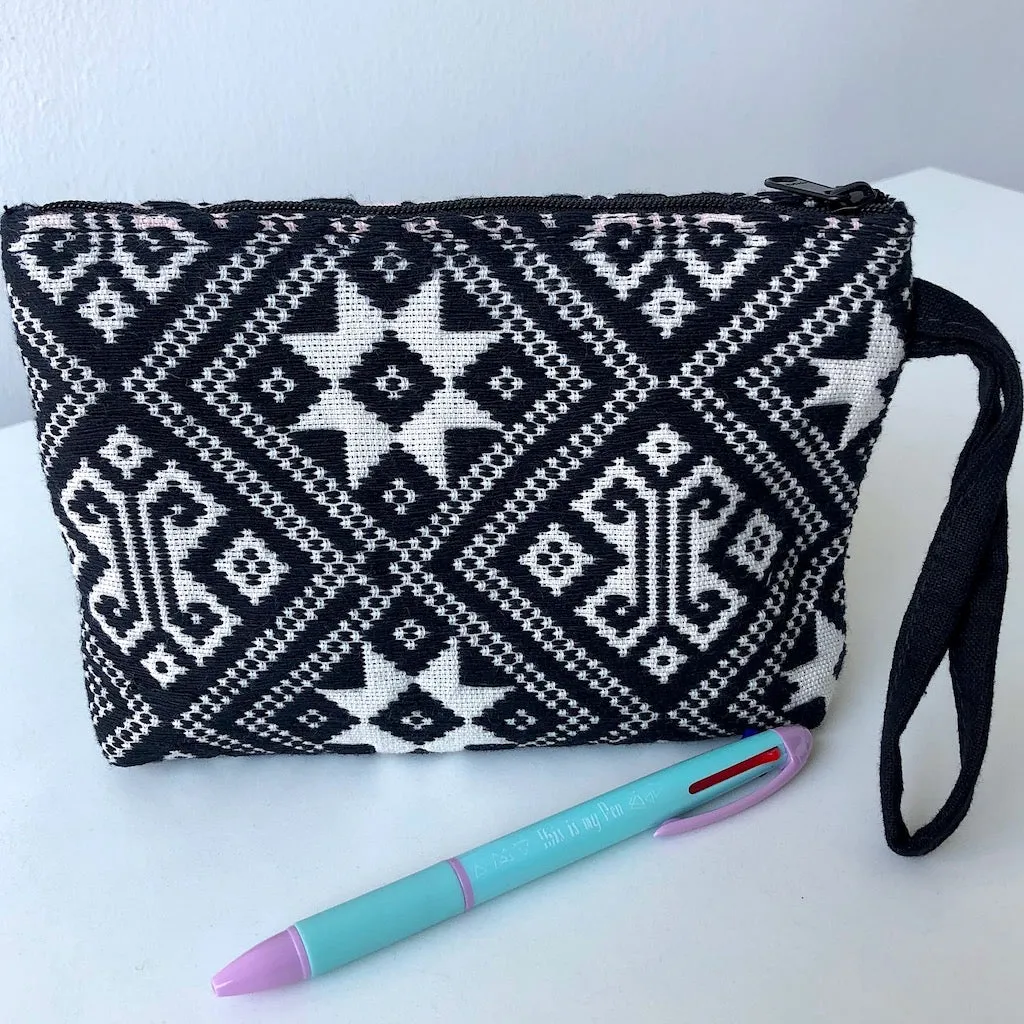 Small Hand Woven zip pouch - Black and White Star - Cotton