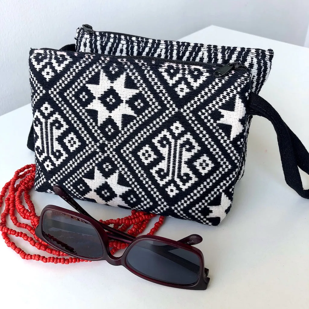 Small Hand Woven zip pouch - Black and White Star - Cotton